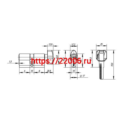 Цилиндровый Punto (Пунто) механизм MaxPro7002Knob70mm(30+10+30) SN никель 7key с вертушкой фото 4